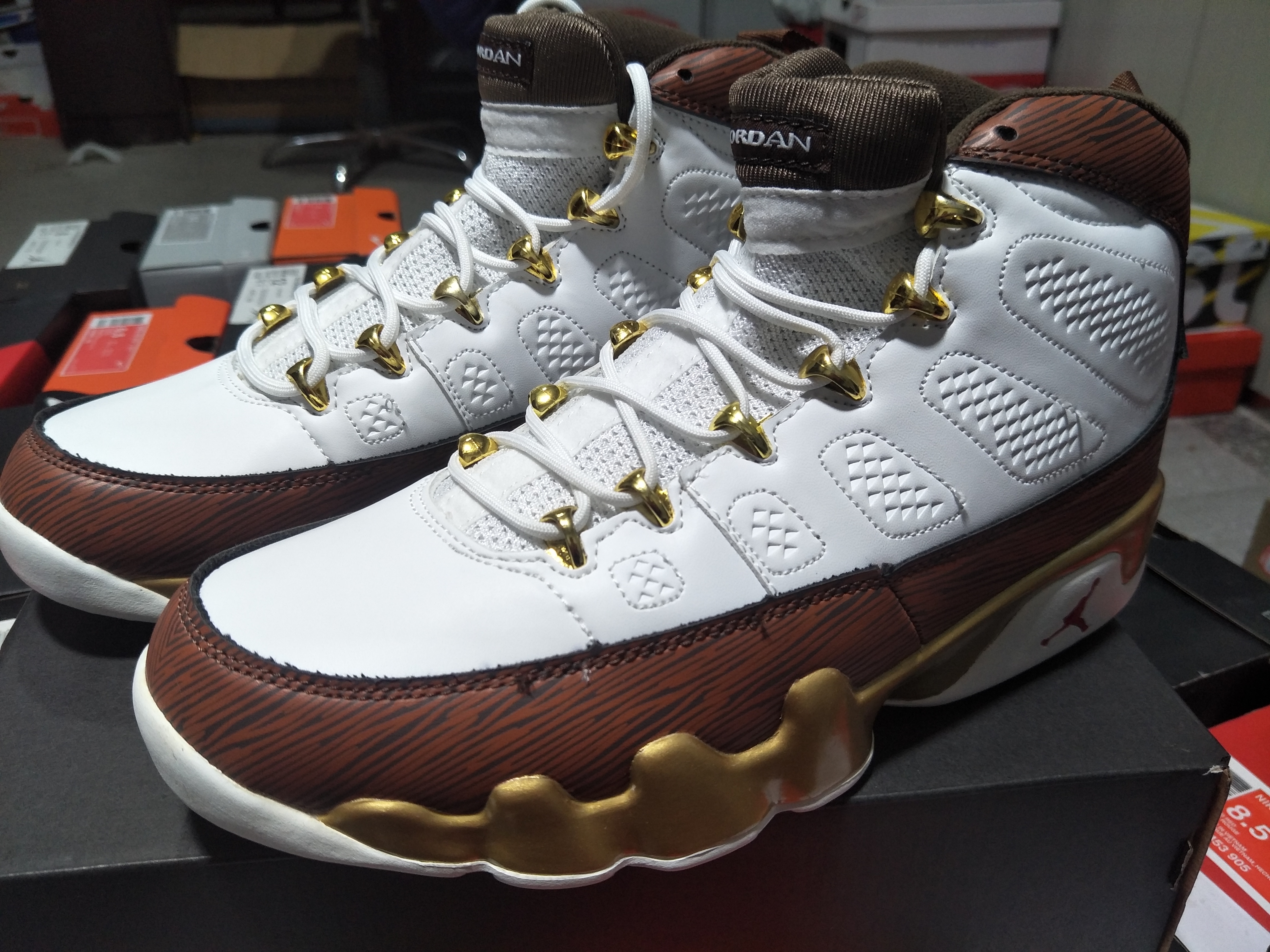 New Air Jordan 9 Retro White Brown Gold Shoes